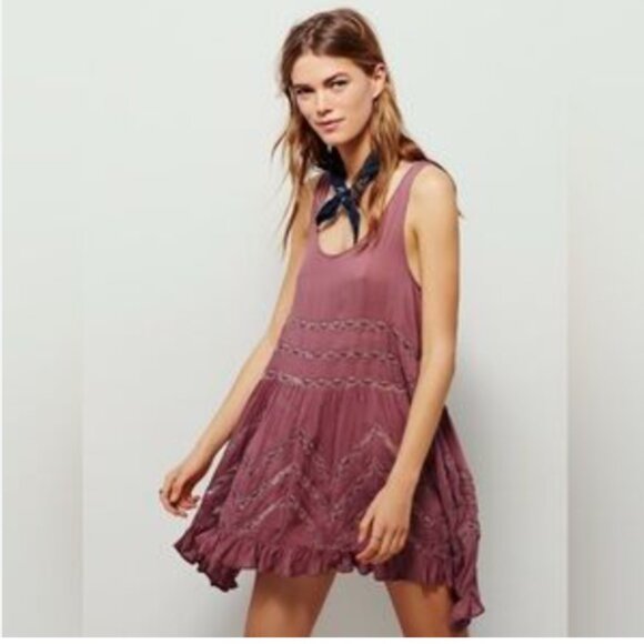 FREE PEOPLE Voile Lace Trapeze Sip Dress Mauve Polka Dot Size Small - Picture 1 of 15